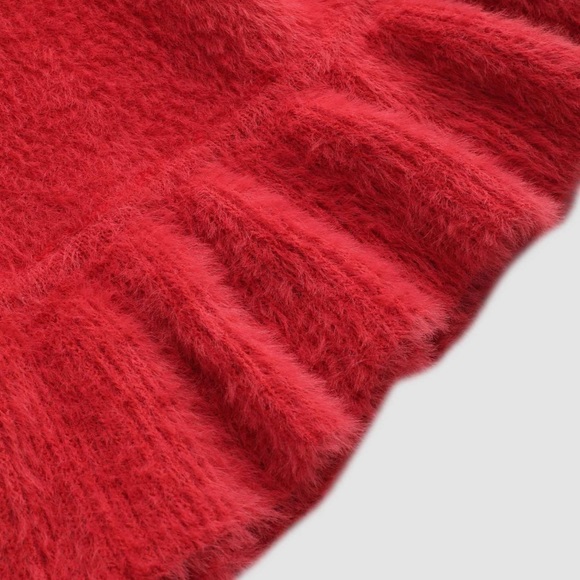 NEW CIDER RED SOLID FLUFFY BELL SLEEVE KNIT CROPPED CARDIGAN - Picture 7 of 7